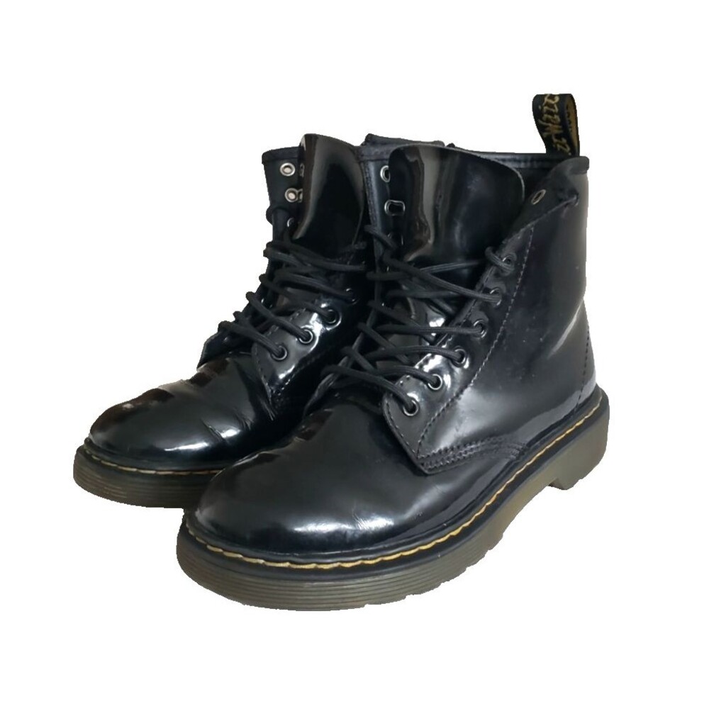 Dr. Martens Doc 1460 J Juniors Combat Boots Size 2 Glossy Black Leather Side Zip